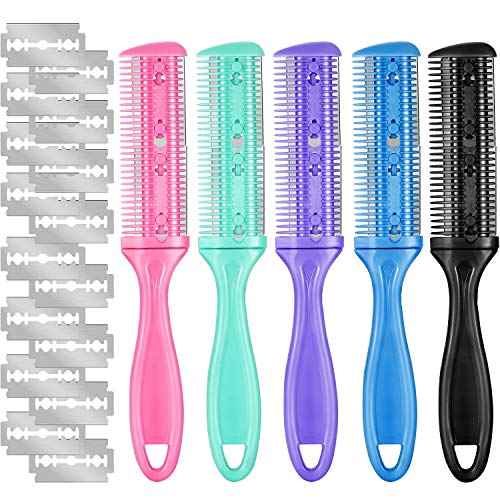Boao 5 Pieces Dual-Sided Cutting Scissors, 20 Razors, and Thinning Comb with Double Edge for Precise Slim Haircuts (5 Colors)