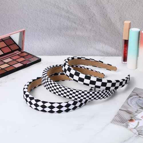 TIESOME 3Pcs Checkered Headbands, Black and White Checkered Headbands Buffalo Plaid Headband for Women Sponge Puffy Gingham Head Bands for Women Christmas Party Hair Accessories