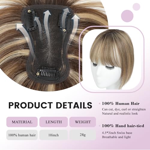 Human Hair Toppers with Bangs Hair Toppers for Women Remy Human Hair Hand-stitched 360¡Æ3D Coverage Natural for Thinning HairPieces for Women with Thinning Hair Swiss Base(4T4/27#)