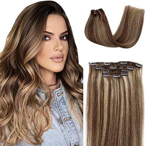 Clip in Hair Extensions Real Human Hair for Women Highlight Straight Remy Human Hair Extensions Clip ins Balayage Chestnut Brown and Beige Blonde Clip in Hair Extensions for Women 22 Inch 5pcs 70g