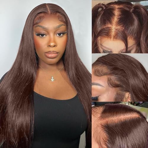 Chocolate Brown Lace Front Wigs Human Hair Pre Plucked Brazilian Unprocessed Straight 13x4 HD Lace Frontal Wig with Baby Hair Colored Wigs for Women(Chocolate Brown, 24 Inch)