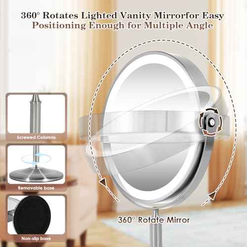 VESAUR 15X Magnifying Mirror with Light, 9.5 Large 5000mAh Rechargeable Double Sided HD Lighted Makeup Mirror with 3 Touch Dimmable Light, 360¡Æ Swivel Detachable for Travel Vanity Mirror Nickel, Gifts