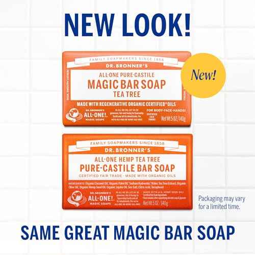 Dr. Bronner's Pure-Castile Magic Bar Soap - Tea Tree, Made with Regenerative Organic Certified Oils, For Face, Body & Hair, Gentle, Vegan, Non-GMO (5oz, 12-Pack)