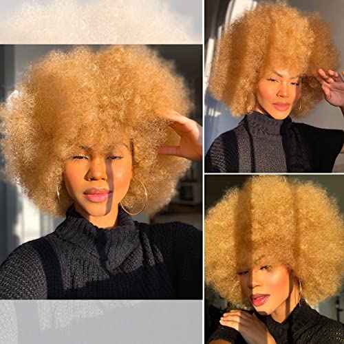 Short Afro Wig with Bangs for Black Women Afro Kinky Curly Wig 70s Premium Synthetic Big Afro Wigs(Blonde,Cap size:22.5-23inch)