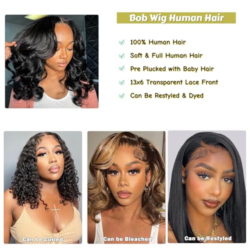 16 Inch Bob Wig Human Hair Short Body Wave Lace Front Wigs Human Hair 13x6 HD Lace Front Wigs 200 Density Body Wave Wigs Pre Plucked for Women Natural Black