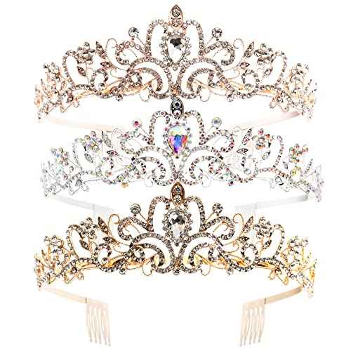 YOPAY 3 Style Crystal Tiara Crowns, Gold Queen Crown for Bridal, Girls, Women, Princess Headbands with Comb, Cake Topper for Birthday Pageant Prom for Birthday, Wedding, Party, Christmas, Halloween