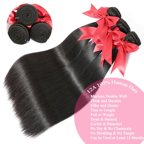 12A Straight Bundles Human Hair with 5x5 Closure 18 20 22+16 Inch Brazilian Human Hair Weave Bundles with 5x5 HD Lace Closure 100% Unprocessed Virgin Hair Extensions