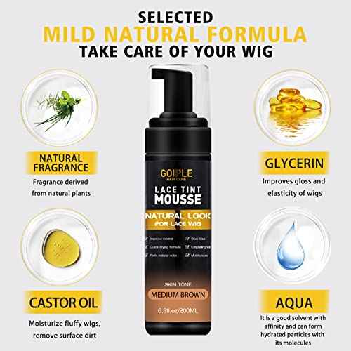 Lace Tint Melting Hair Mousse, 6.8 fl oz Lace Tint Mousse for Women Hair Wig Lace Wigs Toupees and Hairpieces Natural Finishing Lace Color, Lace Tint Mousse for Wigs Melts Lace Foam Tint(Medium Brown)