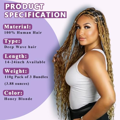Human Braiding Hair For Boho Braids Deep Water Wave Human Bulk Hair for Braiding 12A Brazilian Virgin Human Hair Extensions for Boho Braids 3 Bundles/Pack 110g Honey Blonde 24inch
