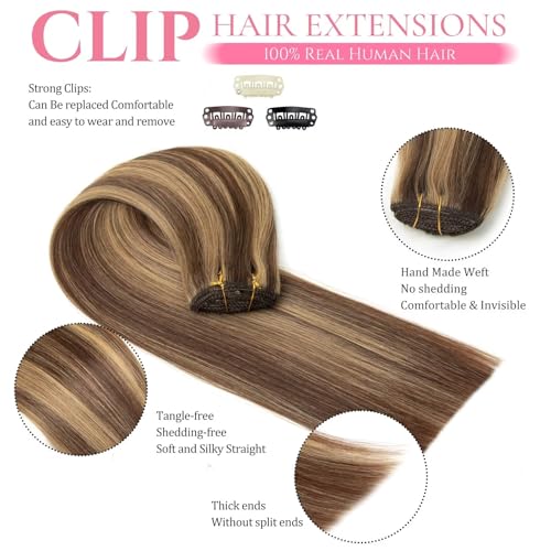 Clip in Hair Extensions Real Human Hair 20inch Human Hair Clip in Extensions Chocolate Brown and Honey Blonde Clip ins 100% Brazilian Human Hair Extension for Women Girls Seamless Clips in Human Hair