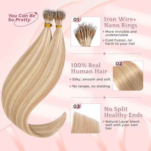 SEGO Nano Tip Hair Extensions Human Hair, Nano Beads Balayage Seamless Highlight Pre-bonded Extensions for Women, 0.7g/strand, 50 strands 35g/pack -20 Inch#18RP613R Ash Blonde&Bleach Blonde