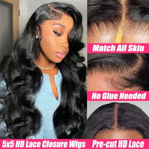 5x5 Glueless Wigs Wear and Go Wigs Human Hair Pre Plucked Lace Closure Wigs Human Hair Glueless Body Wave Lace Front Wigs Human Hair for Black Women Natural Color 180% Density 18 Inch