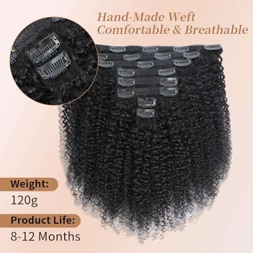 Afro Kinky Curly Clip Ins Human Hair 4C Hair Clip in Extensions Real Natural Human Hair for Black Women 8 pecs with 20 Clips 120g Natural Black Color 24 Inch