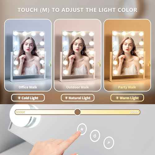Vanity Makeup Mirror with Lights,3 Color Lighting Modes Detachable 10X Magnification Mirror Touch Control,360¡ÆRotation, White (14.6Inch)