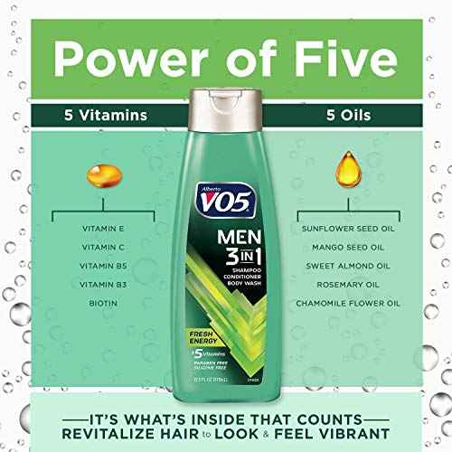 Alberto VO5 Mens 3-IN-1 Shampoo Conditioner and Body Wash - 12.5 Oz - Fresh Energy - 5 Essential Vitamins to Help Nourish and Hydrate Your Hair and Skin- Vitamin A, H, C, B5 and B3, multi (11304)
