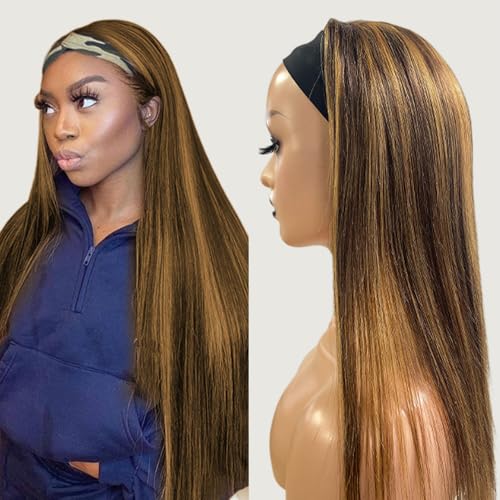 TNICE Ombre Headband Wig Human Hair Straight #4/27 Highlight Headband Wig 20 Inchs Glueless None Lace Front Wig Brazilian Virgin Human Hair Headband Wigs for Black Women Wear and Go Wig 150% Density