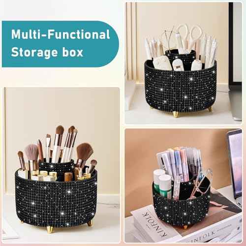 Diesisa Bling Diamond 360¡Æ Makeup Brush Holder Organizer, Rotating Makeup Brush Organizer,5 Slot Make up Brushes Cup for Cosmetics, Vanity Desktop Organizer, Gift for Women Teen Girls- Diamond Black