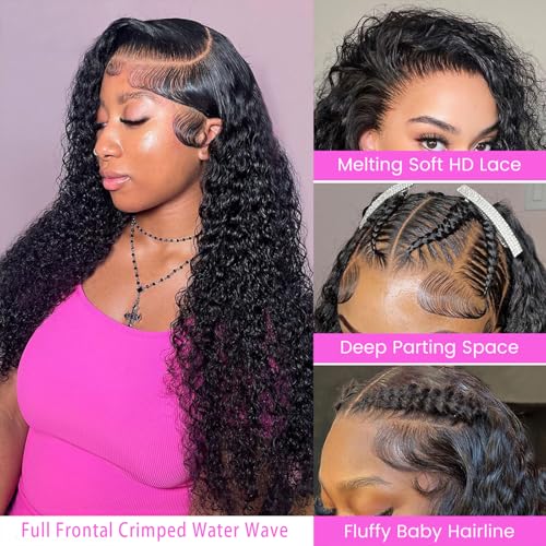 Water Wave Lace Front Wigs Human Hair Pre Plucked Bleached Knots Wet and Wavy 13x6 HD Lace Frontal Wigs for Black Women 200% Density Brazilian Remy Human Hair (Water Wave Wig, 22 Inch)