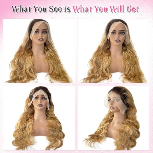 28 Inch Body Wave Lace Front Wigs Human Hair Pre Plucked Curly Wave Ombre 1B27 Glueless Wigs Human Hair 13x4 Color Natural Black to Honey Blonde Frontal Pre Plucked Real Human Hair Wig for Black Women