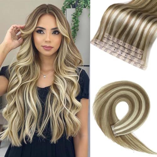 Micro Bead Weft Hair Extensions PU Invisible Weft Human Hair Extensions Seamless Real Human Hair Highlight Blonde 9A/P60 Dual-Use No Tape in Weft in Hair Extension for Women(40g 4Pcs,22 Inch)