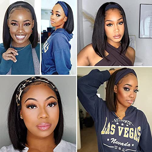 AISI Bob Headband Wig Human Hair Short Wigs for Black Women Straight 150% Density (16 Inch)