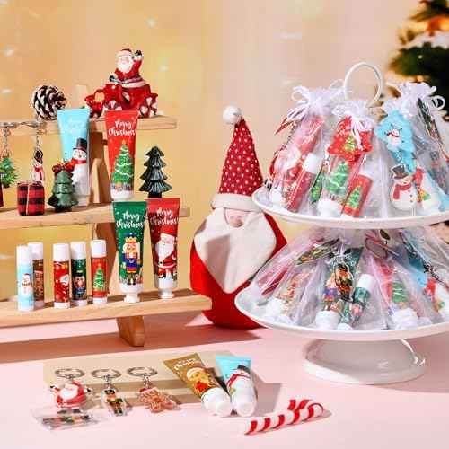 Henoyso 50 Set Christmas Hand Cream Bulk and Lip Balm Bulk Xmas Holiday Gifts Favors with Organza Bag Thank You Card and Acrylic Keychains Thank You Gift Set Bulk Christmas Stuffers Party Supplies