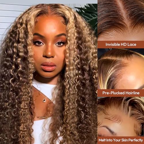 Highlight 5x5 HD Lace Closure Wigs Human Hair Deep Wave P4/27 Ombre Lace Closure Wig for Black Women 180 Density Honey Blonde Closure Wigs Pre Plucked Glueless 24 Inch