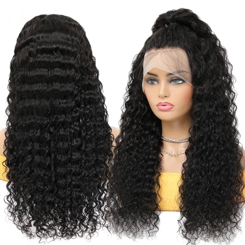 13x6 Deep Wave Lace Front Wigs Human Hair Pre Plucked 180% Density 13x6 HD Lace Frontal Deep Curly Lace Front Wigs for Women Curly Human Hair Wig Glueless Deep Wave Frontal Wigs with Baby Hair 20Inch