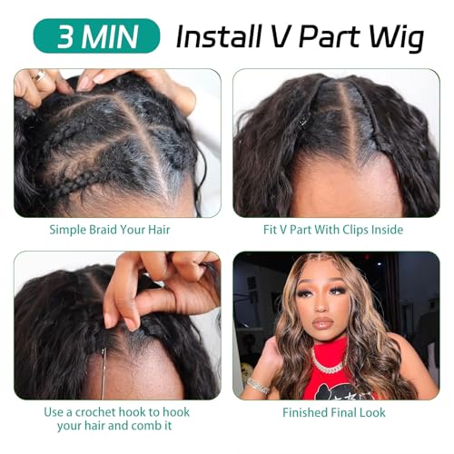 V Part Wig Human Hair Body Wave Glueless No Leave Out Upgrade 20 Inch U Part Wigs Human Hair Clip In Half Wigs 100% Real Human Hair Elastic Drawstring For Women 180% Density #1B/30
