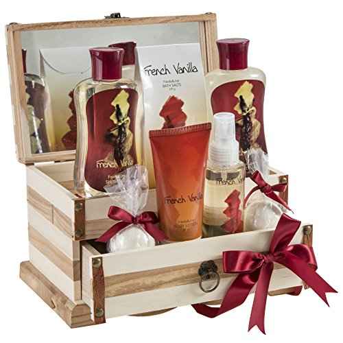 French Vanilla Bath Set Essential Bath and Body Basket: 2 Vanilla Bath Bombs, Body Lotion, Body Spray, Bath Salts, etc in a Wooden Jewelry Box