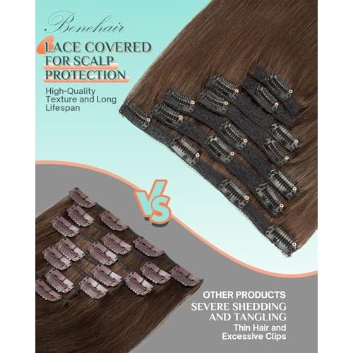Benehair Clip in Hair Extensions Real Human Hair 22inch Double Weft Dark Brown Hair Extensions Clip in Human Hair Invisible Lace Weft Straight Hair Extensions Clip ins 7pcs with 16 Clips 130g #2