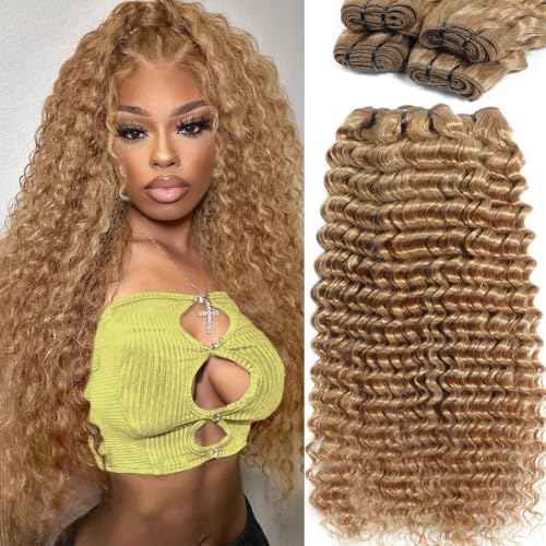 Blonde Deep Wave Human Hair Bundles 12A #27 Colored Deep Curly Human Hair 3 Bundles 18 20 22 Inch Honey Blonde Wet and Wavy Bundle for Black Women