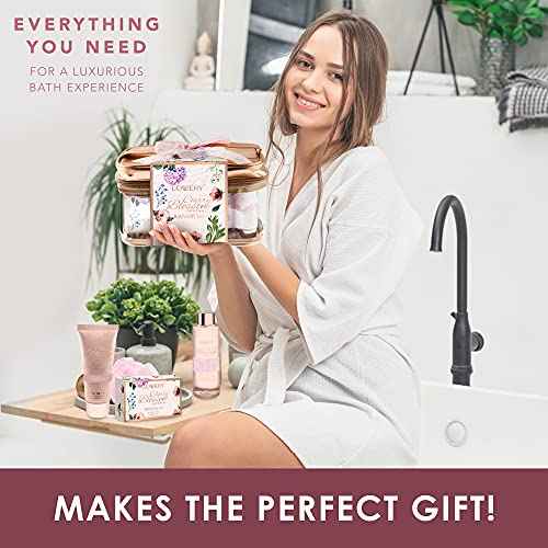 Bath and Body Gift Basket For Women, Cherry Blossom Home Spa Set, Body Lotion, Shower Gel, Extra Large Bath Bomb, Body Butter, Body Scrub, Bath Crystal, Puff & Rose Gold Cosmetic Bag