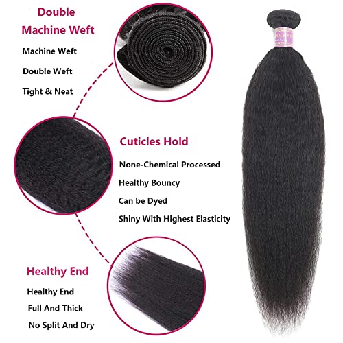 Kinky Straight Human Hair 3Bundles Natural Black Yaki Straigh Brazilian Virgin Remy Hair Grade 10A 100% Unprocessed Kinky Straight Human Hair Extensions (12 14 16 Inch, 3 Bundles)