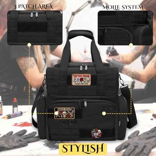 Tactical Tattoo Travel Case with 3 Inner Removable Pouches, Molle System Tattoo Bag for Equipment and Supplies, Tattoo Case with Shoulder Strap for Stencil Printer, Black