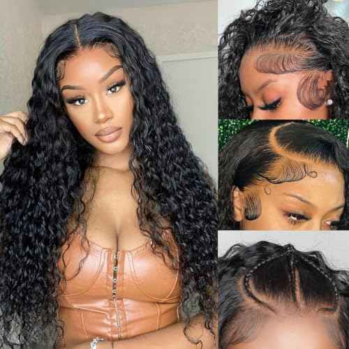 Water Wave 13x4 HD Lace Front Wigs Human Hair 180 Density Wet And Wavy Human Hair Wig Pre Plucked Wigs for Woman With Baby Hair Natural Black Color 28 Inch