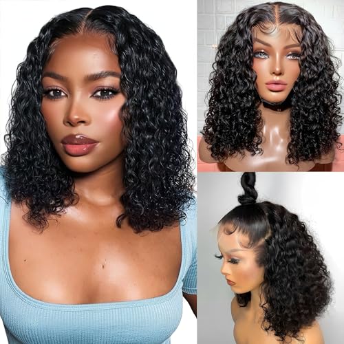 Bob Wig Human Hair 13x6 Deep Wave Hd Lace Front Wigs Human Hair 210% Density Frontal Wigs Glueless Wigs Human Hair Short Curly Bob Wigs for Women Pre Plucked With Baby Hair 12 Inch Human Hair Wig