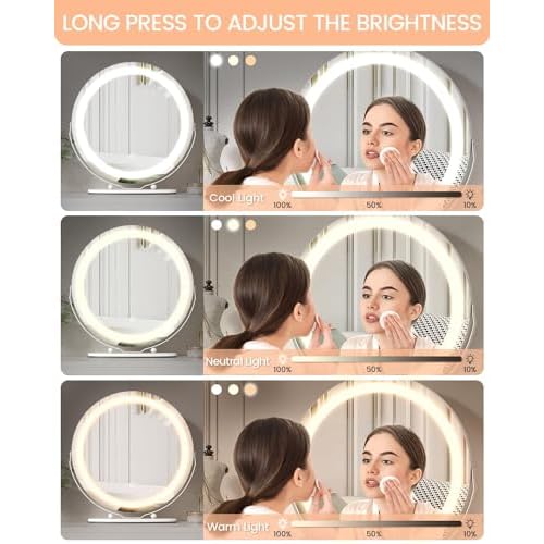 GAOMON Vanity Mirror with Led Lights, 19 Inches Touch Control 3 Color 2024 New Dimmable Makeup Mirror, 360¡ÆRotation Round Desk Mirror, Easy to Assemble (White)