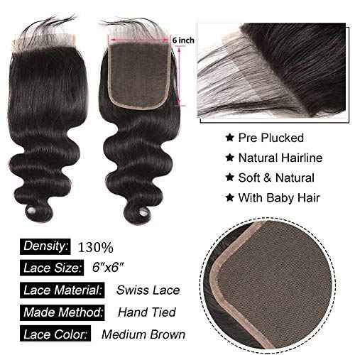 6X6 HD Transparent Lace Closure Human Hair Pre Plucked Closure Body Wave Brazilian Virgin Hair 6X6 Colsure With Baby Hair High Density Real Human Hair Wet And Wavy Natural Black 16 Inch