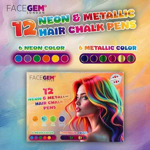 12 Hair chalks, 12 NEON & METALLIC hair chalk, Non-Toxic Easy Washable Hair Dye Colourful, METALLIC & NEON hair chalk - Perfect for Festivals, Halloween, Parties, hair chalks for girls