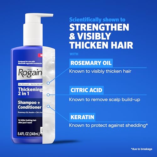 Rogaine Men's Thickening 2 in 1 Shampoo + Conditioner, Hair Thickening Shampoo & Conditioner with Rosemary Oil, Keratin & Citric Acid Leaves Hair Visibly Thicker, Not Minoxidil, 8.4 fl. oz