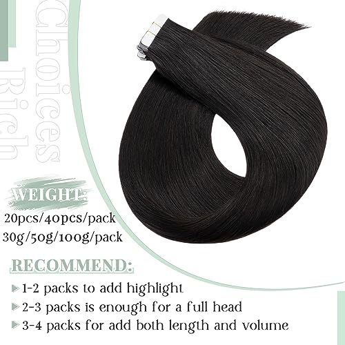 Rich Choices Tape in Hair Extensions Human Hair, 40pcs 100g 100% Remy Tape Hair Extensions Real Human Hair,Seamless Balayage Skin Weft Tape in Hair Extension 22 Inch #1B Natural Black