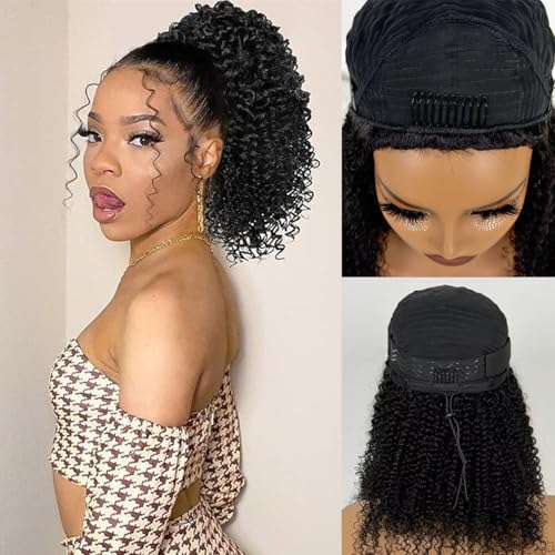 Kinky Curly Half Wig Human Hair 200% Density 3 In 1 Seamless Flip Over Half Wigs Human Hair Glueless Wear and Go Beginner Friendly Kinky Curly Wig Human Hair Drawstring Headband Wig for Women 18 Inch