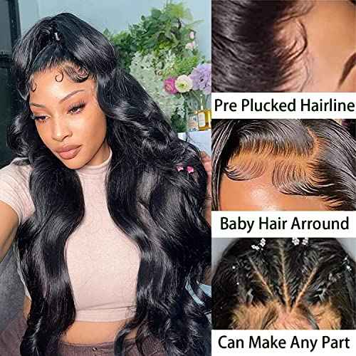 Body Wave Lace Front Wigs Human Hair 13x4 HD Transparent Lace Frontal Wigs Human Hair for Women Brazilian Virgin 200% Density Glueless Wigs Human Hair Pre Plucked with Baby Hair Natural Black 24 Inch