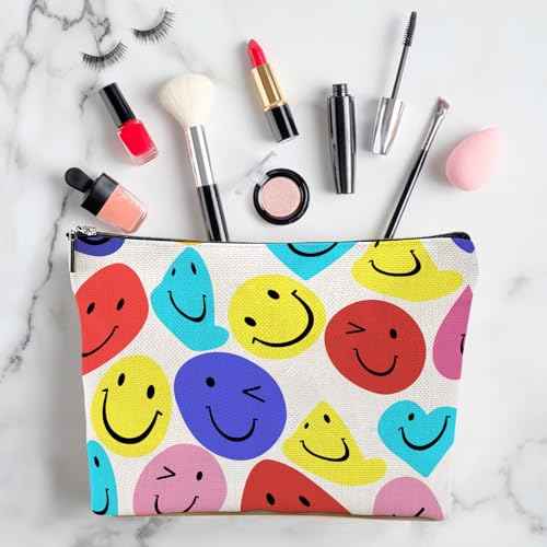 FATHER.SON Smile Face Makeup Bag, Cosmetic Bags for Women Girls, Large Capacity Linen Aesthetic Organizer Bag Zipper Pouch for Toiletry Travel (#4 smile)
