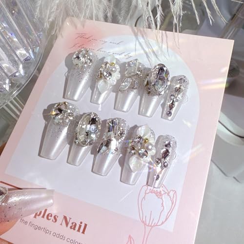 SINHOT Luxury Press on Nails - Long Coffin Fake Nails 3D Handmade Flowers Reusable False Nails with Rhinestone Designs,DIY Artificial Nail Art, 24pcs