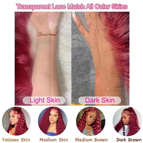 99j Burgundy Deep Wave Lace Front Wigs Human Hair 13x4 180% Density Transparent Lace Frontal Wigs Curly Wigs for Women Red Curly Wigs Pre Plucked with Baby Hair 99j Lace Front Human Hair Wigs (22inch)