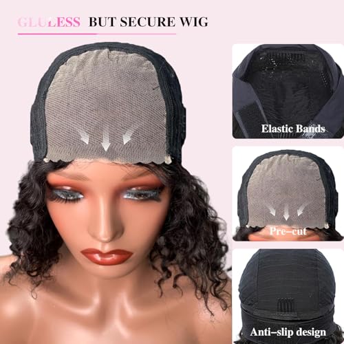 Glueless Curly Wigs Human Hair Pre Plucked Pre Cut Curly BOB Wig Human Hair 5x5 HD Lace Closure Deep Wave Wigs for Black Women Wear and Go 180 Density Wig 16 inch