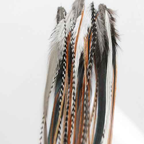 Sexy Sparkles Feather Hair Extensions - Natural Beige & Brown Feathers, 25 Individual Loose Feathers, 8-12 Inches, Includes 10 Silicone Micro Beads