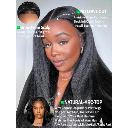 KLAIYI EasiContour V Part Wig Yaki Straight Human Hair Glueless Upgrade U Part Wigs for Women Clip In Half Wig Magic Leave Out Real Scalp 30S Ready to Wear Beginner Friendly Natural Black Color 16Inch